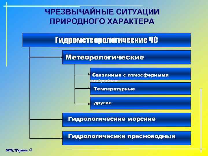ЧРЕЗВЫЧАЙНЫЕ СИТУАЦИИ ПРИРОДНОГО ХАРАКТЕРА Гидрометеорологические ЧС Метеорологические Связанные с атмосферными осадками Температурные другие Гидрологические
