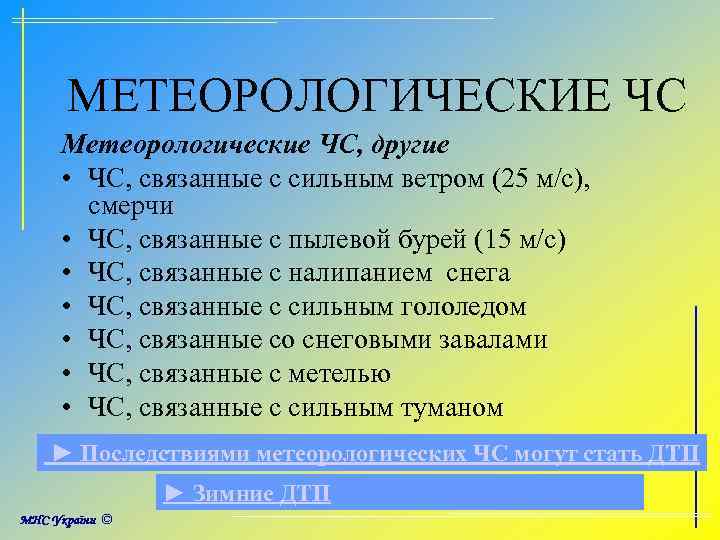 МЕТЕОРОЛОГИЧЕСКИЕ ЧС Метеорологические ЧС, другие • ЧС, связанные с сильным ветром (25 м/с), смерчи