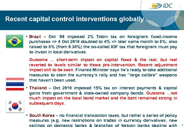Recent capital control interventions globally • Brazil – Oct ‘ 09 imposed 2% Tobin