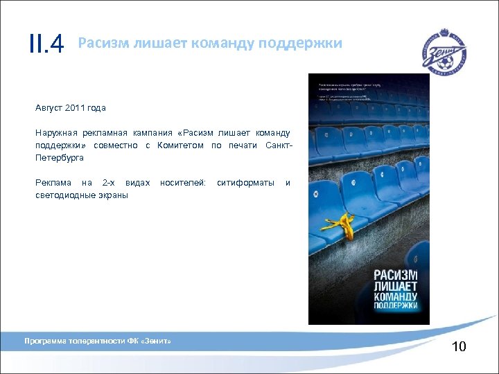 II. 4 Расизм лишает команду поддержки Август 2011 года Наружная рекламная кампания «Расизм лишает