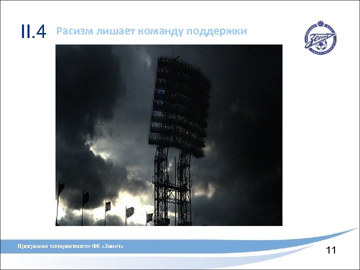 II. 4 Расизм лишает команду поддержки Программа толерантности ФК «Зенит» 11 