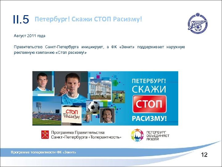 II. 5 Петербург! Скажи СТОП Расизму! Август 2011 года Правительство Санкт-Петербурга инициирует, а ФК