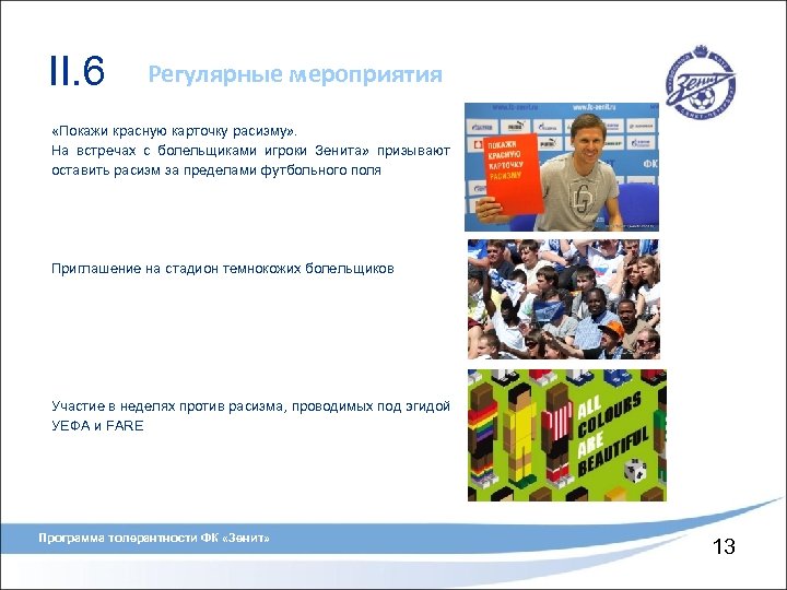 II. 6 Регулярные мероприятия «Покажи красную карточку расизму» . На встречах с болельщиками игроки