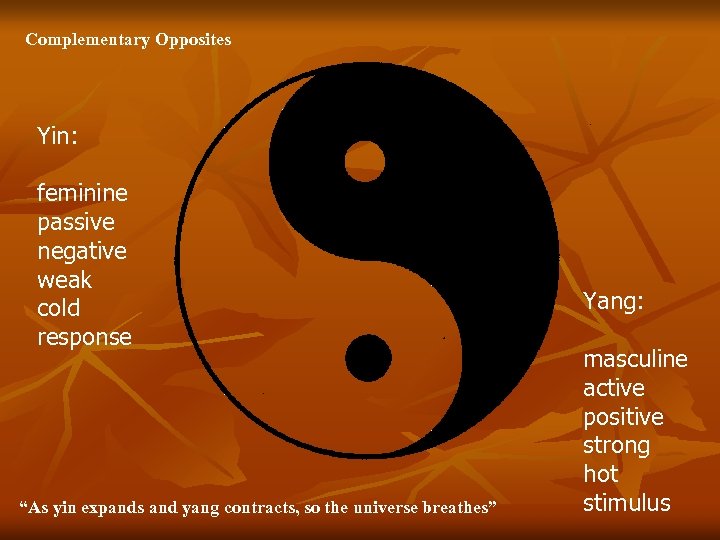 Complementary Opposites Yin: feminine passive negative weak cold response “As yin expands and yang