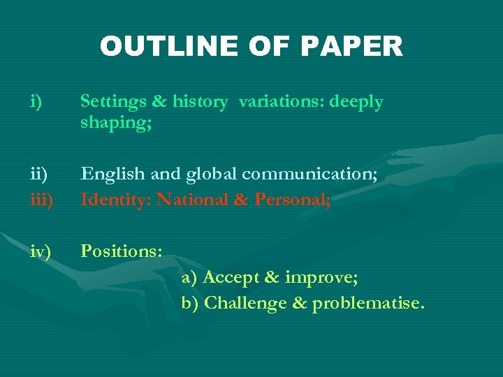 OUTLINE OF PAPER i) Settings & history variations: deeply shaping; ii) iii) English and
