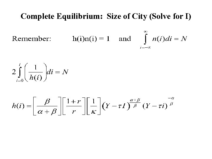 Complete Equilibrium: Size of City (Solve for I) 