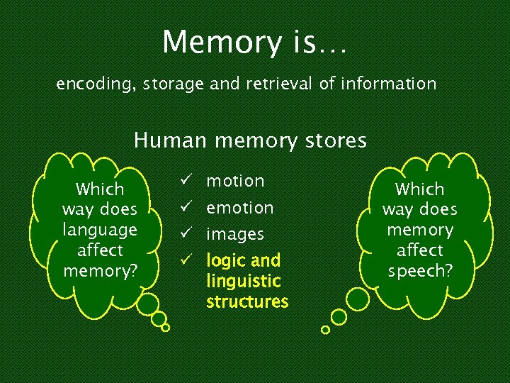 Memory is… encoding, storage and retrieval of information Human memory stores ? Which way