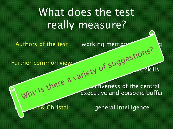 What does the test really measure? Authors of the test: Further common view: ere