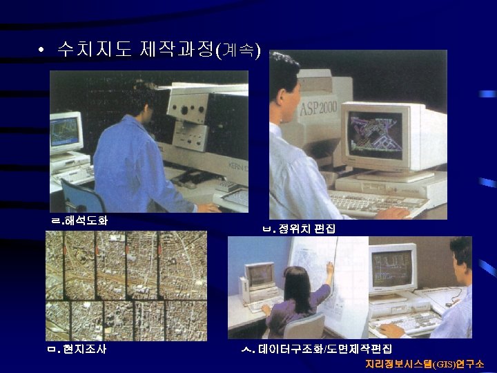  • 수치지도 제작과정(계속) ㄹ. 해석도화 ㅁ. 현지조사 ㅂ. 정위치 편집 ㅅ. 데이터구조화/도면제작편집 지리정보시스템(GIS)연구소