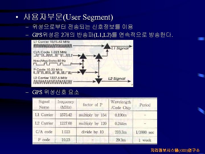  • 사용자부문(User Segment) – 위성으로부터 전송되는 신호정보를 이용 – GPS위성은 2개의 반송파(L 1,