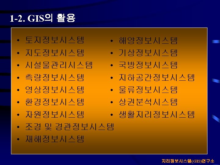 1 -2. GIS의 활용 • • • 토지정보시스템 • 지도정보시스템 • 시설물관리시스템 • 측량정보시스템