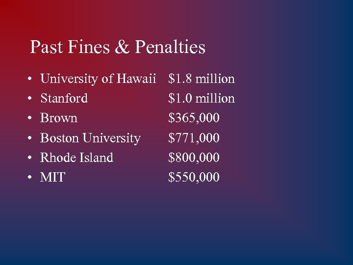 Past Fines & Penalties • • • University of Hawaii Stanford Brown Boston University