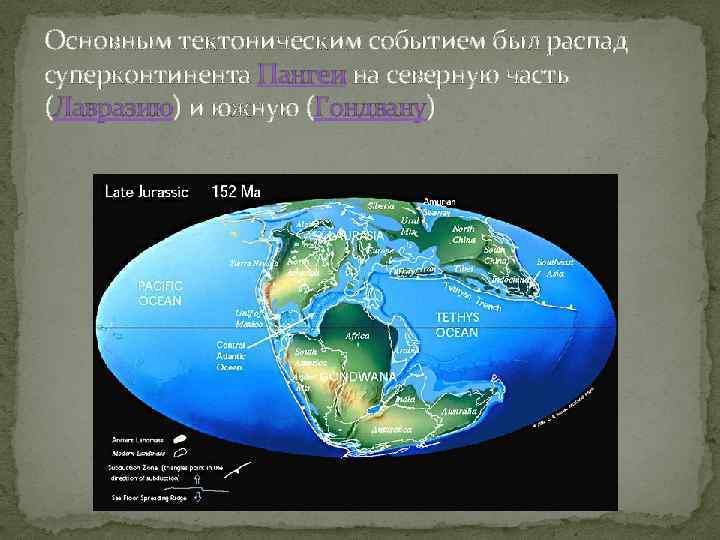 Основным тектоническим событием был распад суперконтинента Пангеи на северную часть (Лавразию) и южную (Гондвану)