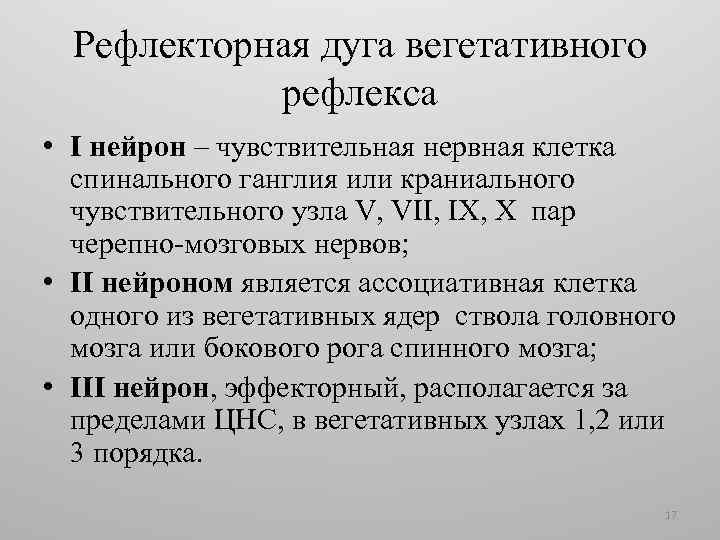 Рефлекторная дуга вегетативного рефлекса • I нейрон – чувствительная нервная клетка спинального ганглия или