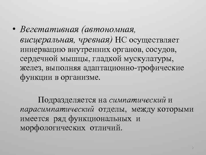  • Вегетативная (автономная, висцеральная, чревная) НС осуществляет иннервацию внутренних органов, сосудов, сердечной мышцы,