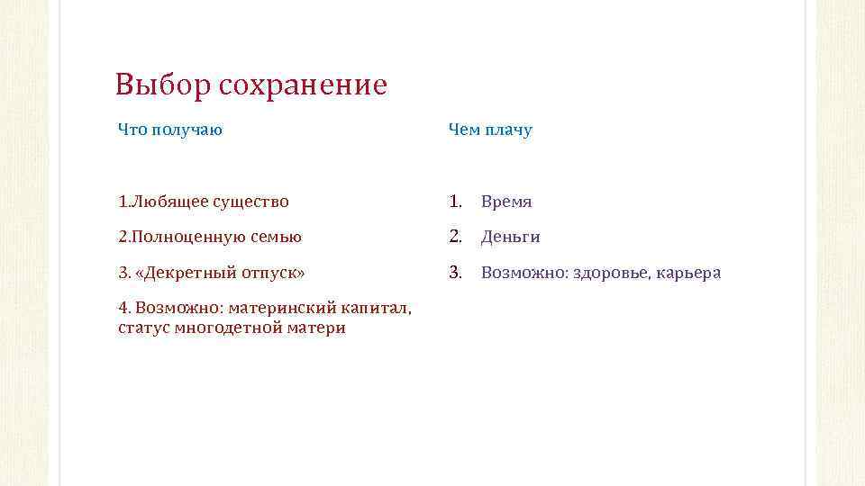 Выбор сохранение Что получаю Чем плачу 1. Любящее существо 1. Время 2. Полноценную семью