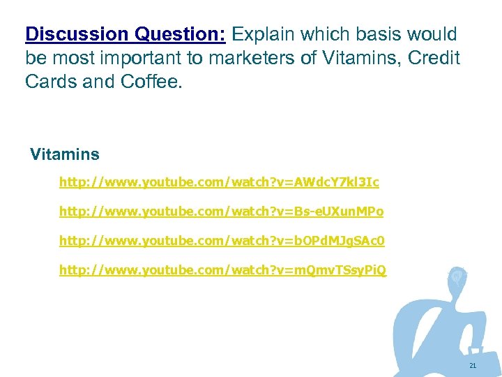 Discussion Question: Explain which basis would be most important to marketers of Vitamins, Credit