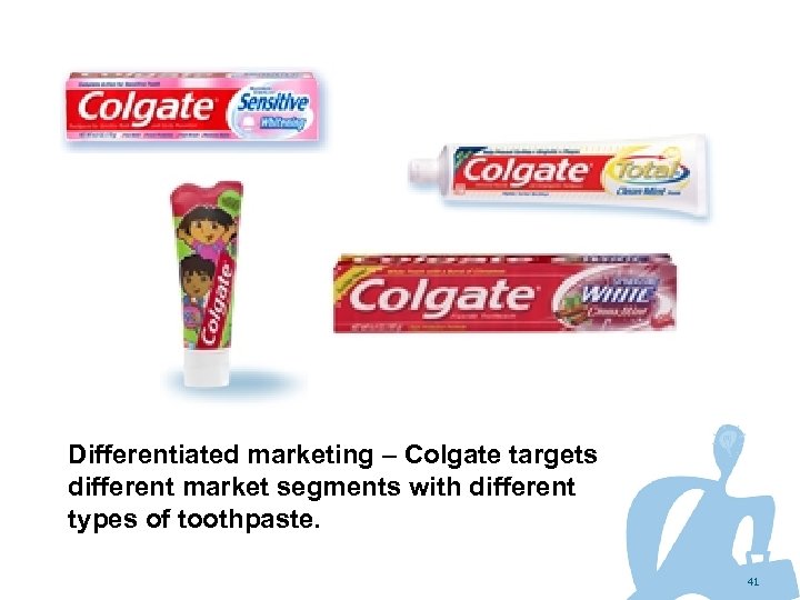 Differentiated marketing – Colgate targets different market segments with different types of toothpaste. 41