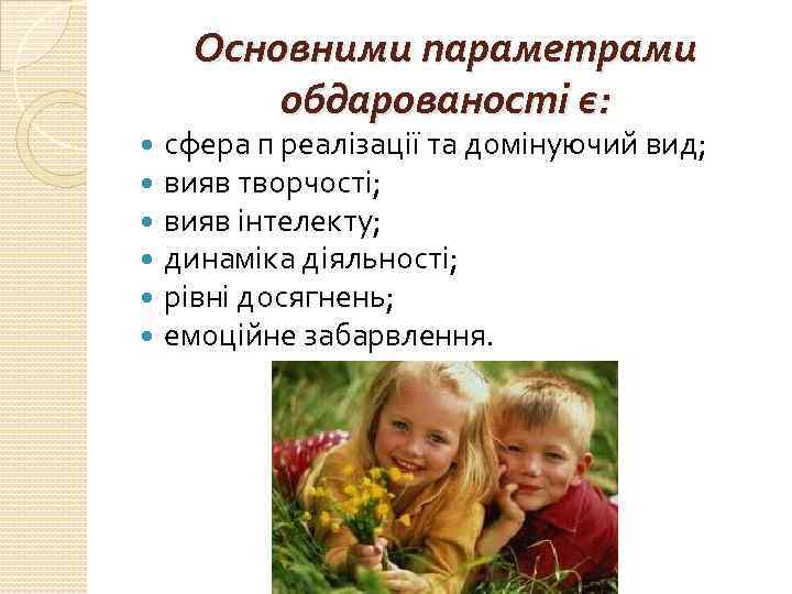 Основними параметрами обдарованості є: сфера п реалізації та домінуючий вид; вияв творчості; вияв інтелекту;