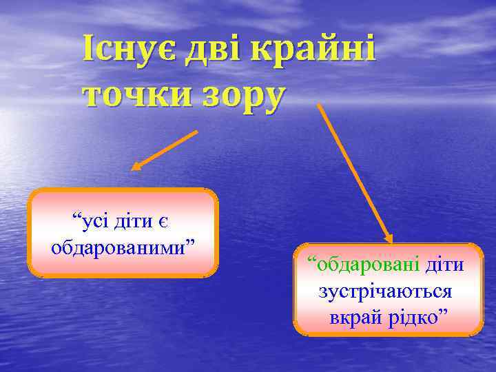 Існує дві крайні точки зору “усі діти є обдарованими” “обдаровані діти зустрічаються вкрай рідко”