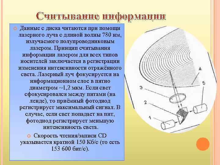 Считывание информации Данные с диска читаются при помощи лазерного луча с длиной волны 780