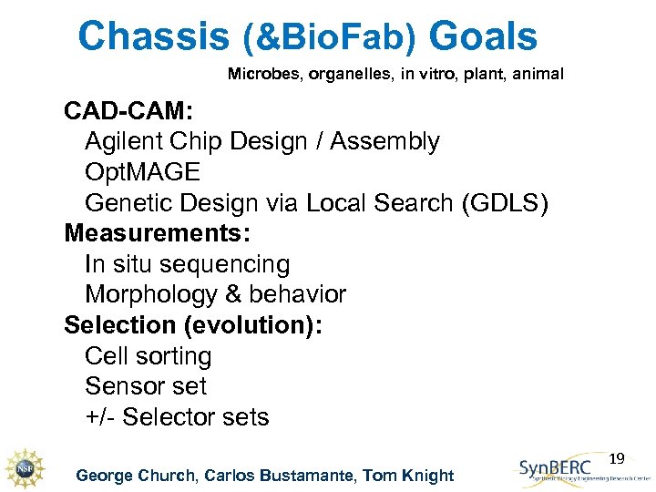 Chassis (&Bio. Fab) Goals Microbes, organelles, in vitro, plant, animal CAD-CAM: Agilent Chip Design