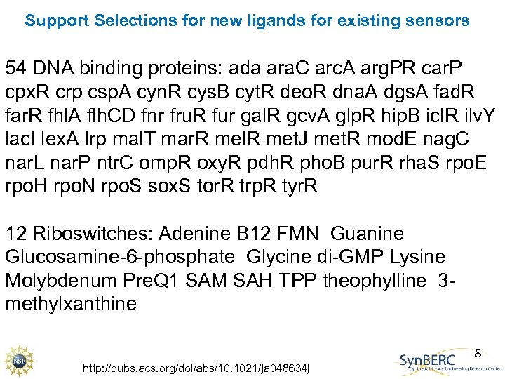 Support Selections for new ligands for existing sensors 54 DNA binding proteins: ada ara.