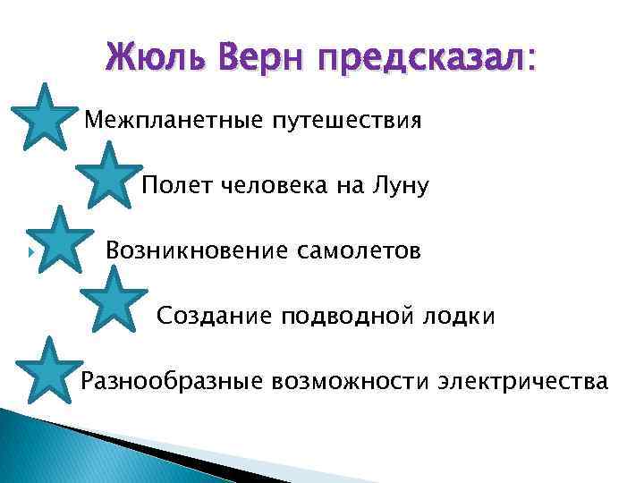 Жюль Верн предсказал: Межпланетные путешествия Полет человека на Луну Возникновение самолетов Создание подводной лодки