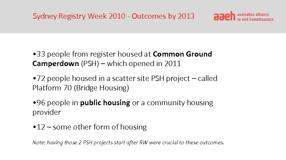 Sydney Registry Week 2010 - Outcomes by 2013 • 33 people from register housed