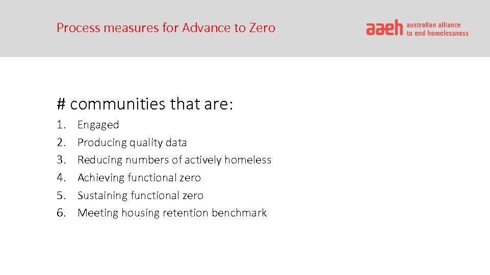 Process measures for Advance to Zero # communities that are: 1. 2. 3. 4.