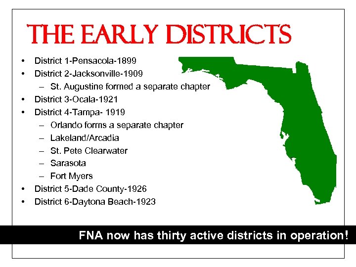 The Early Districts • • • District 1 -Pensacola-1899 District 2 -Jacksonville-1909 – St.