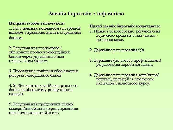 Засоби боротьби з інфляцією Непрямі засоби включають: 1. Регулювання загальної маси грошей шляхом управління