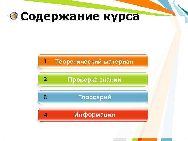 Содержание курса 1 Теоретический материал 2 Проверка знаний 3 Глоссарий 4 Информация 