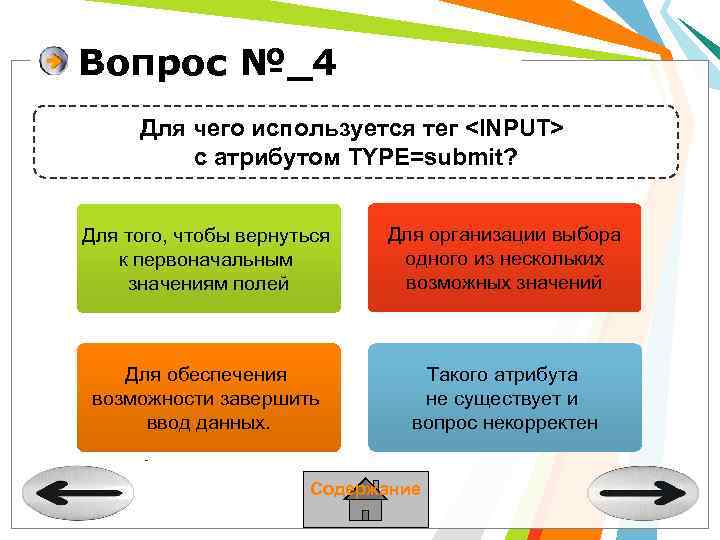 Вопрос №_4 Для чего используется тег <INPUT> с атрибутом TYPE=submit? Для того, чтобы вернуться