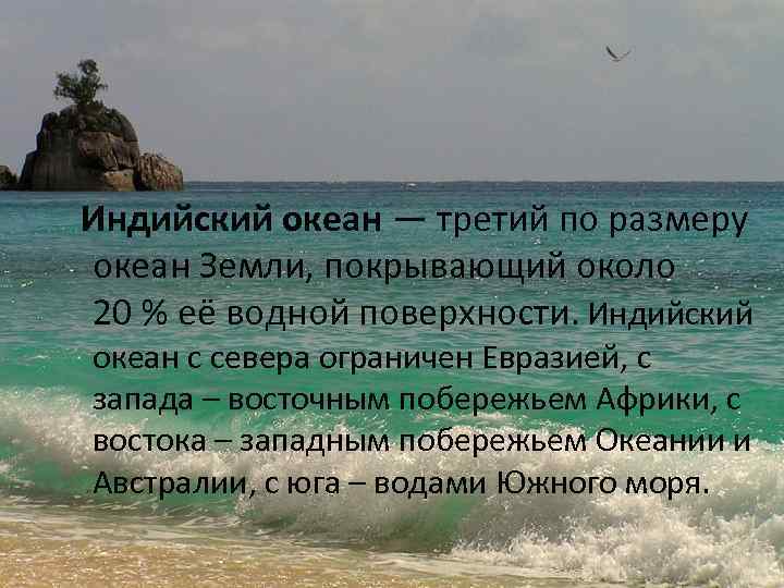  Индийский океан — третий по размеру океан Земли, покрывающий около 20 % её