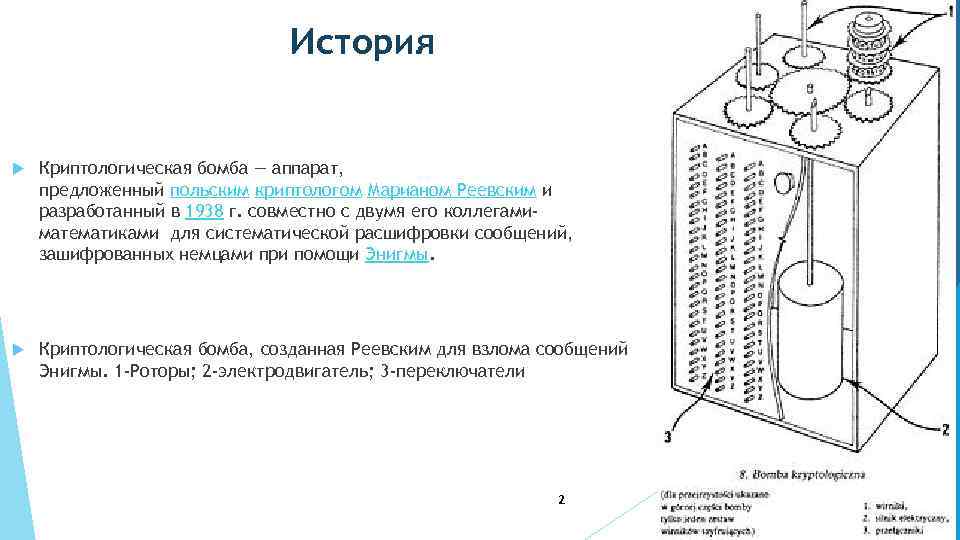 История Криптологическая бомба — аппарат, предложенный польским криптологом Марианом Реевским и разработанный в 1938