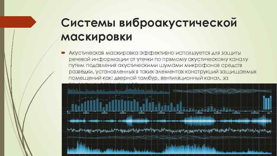 Системы виброакустической маскировки Акустическая маскировка эффективно используется для защиты речевой информации от утечки по