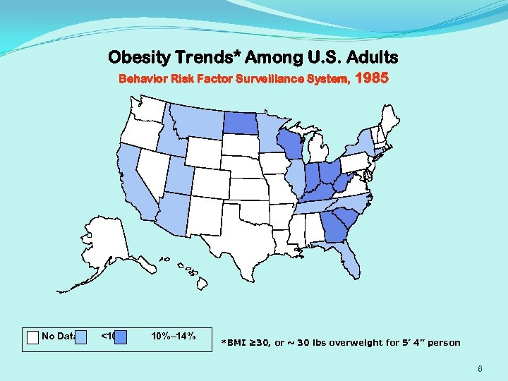 Obesity Trends* Among U. S. Adults Behavior Risk Factor Surveillance System, No Data <10%