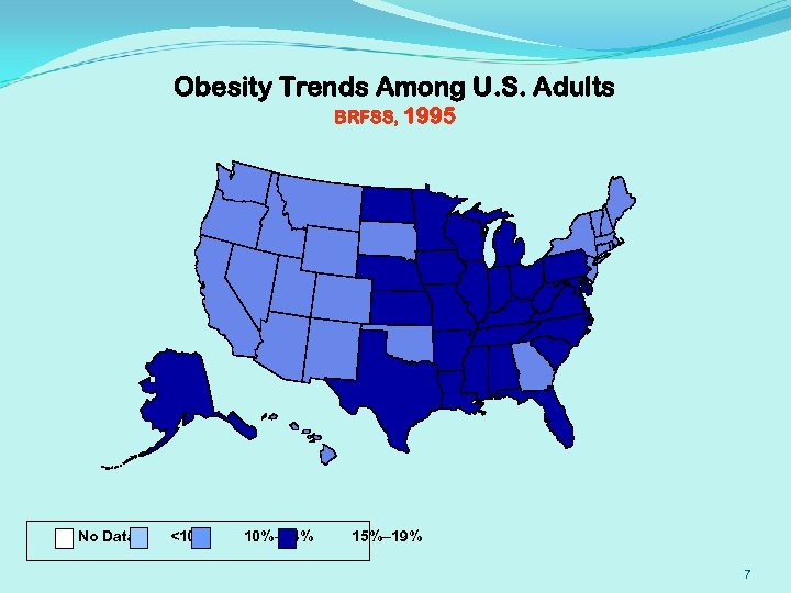 Obesity Trends Among U. S. Adults BRFSS, 1995 No Data <10% 10%– 14% 15%–