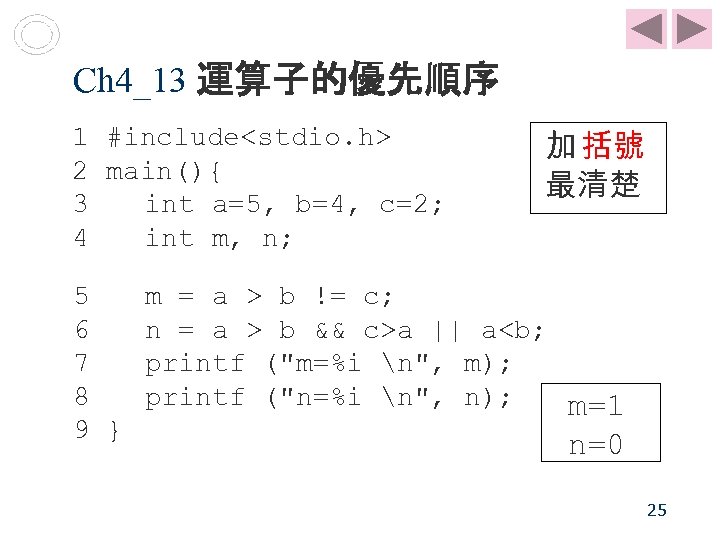 Ch 4_13 運算子的優先順序 1 #include<stdio. h> 2 main(){ 3 int a=5, b=4, c=2; 4