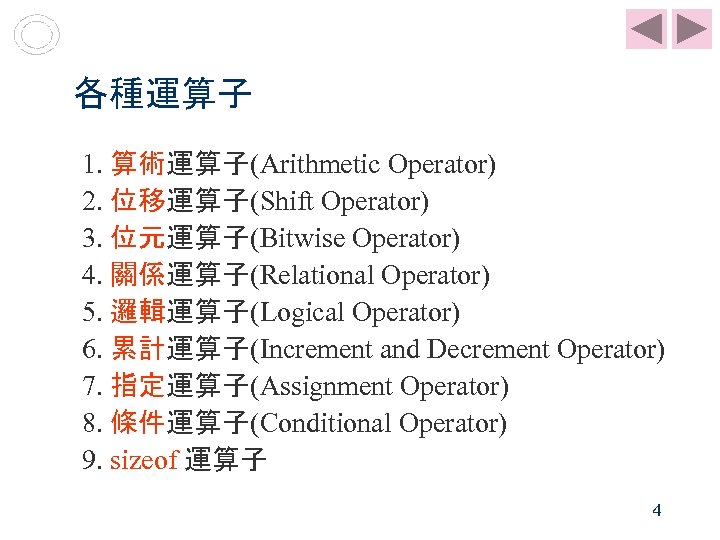 各種運算子 1. 算術運算子(Arithmetic Operator) 2. 位移運算子(Shift Operator) 3. 位元運算子(Bitwise Operator) 4. 關係運算子(Relational Operator) 5.