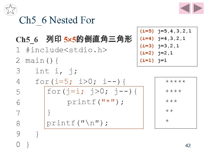 Ch 5_6 Nested For Ch 5_6 列印 5 5的倒直角三角形 1 #include<stdio. h> 2 main(){