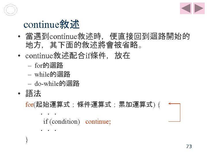  continue敘述 • 當遇到continue敘述時，便直接回到迴路開始的 地方，其下面的敘述將會被省略。 • continue敘述配合if條件，放在 – for的迴路 – while的迴路 – do-while的迴路 •