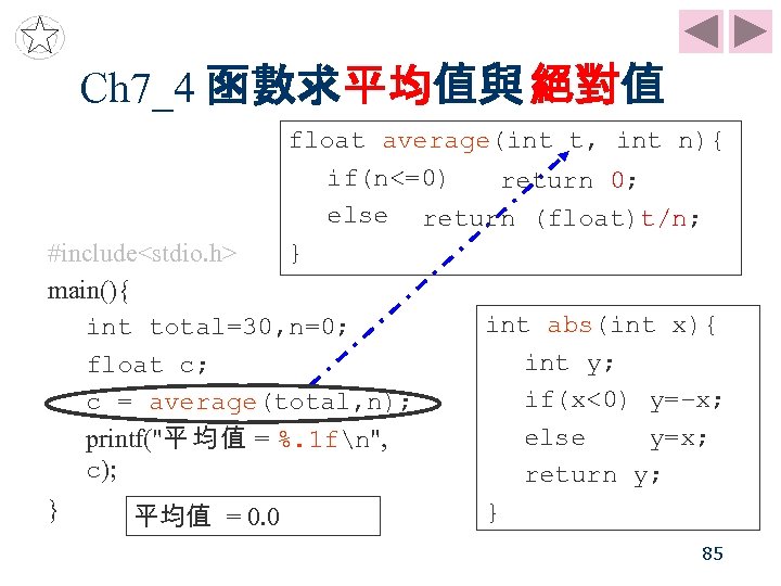 Ch 7_4 函數求平均值與 絕對值 float average(int t, int n){ if(n<=0) return 0; else return