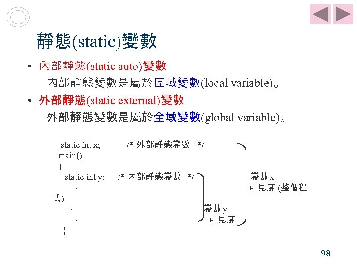 靜態(static)變數 • 內部靜態(static auto)變數 內部靜態變數是屬於區域變數(local variable)。 • 外部靜態(static external)變數 外部靜態變數是屬於全域變數(global variable)。 static int x;