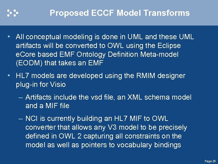 Proposed ECCF Model Transforms • All conceptual modeling is done in UML and these