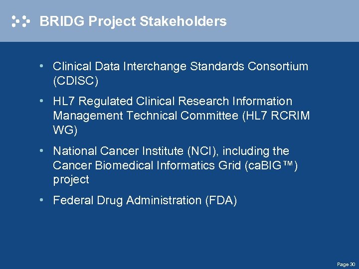 BRIDG Project Stakeholders • Clinical Data Interchange Standards Consortium (CDISC) • HL 7 Regulated