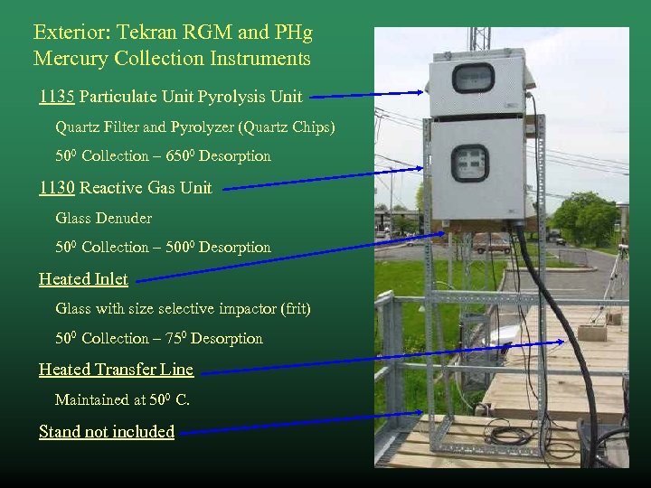 Exterior: Tekran RGM and PHg Mercury Collection Instruments 1135 Particulate Unit Pyrolysis Unit Quartz