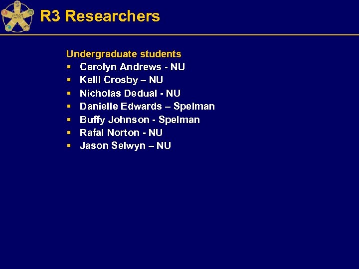 R 3 Researchers Undergraduate students § Carolyn Andrews - NU § Kelli Crosby –