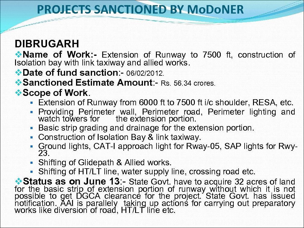 PROJECTS SANCTIONED BY Mo. Do. NER DIBRUGARH v. Name of Work: - Extension of